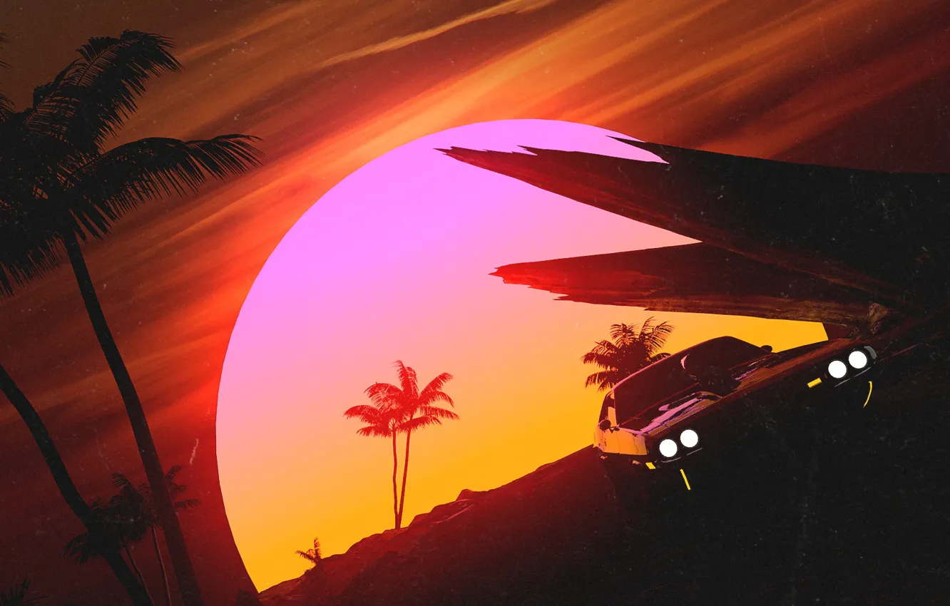 Photo wallpaper Sunset, The sun, Auto, Music, Machine, Style, Palm trees, 80s