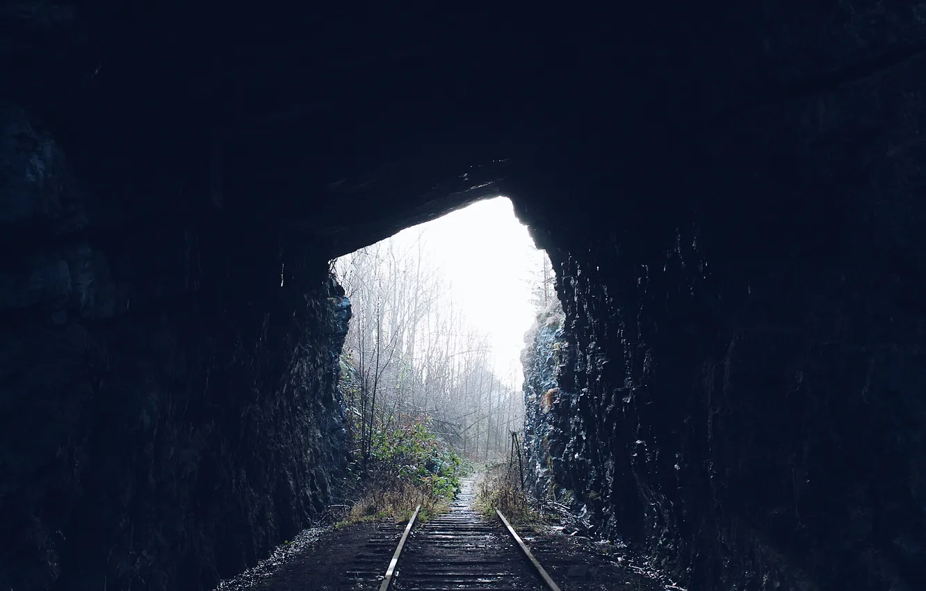 Photo wallpaper the sky, trees, rocks, plant, railroad, the tunnel, rock, twilight