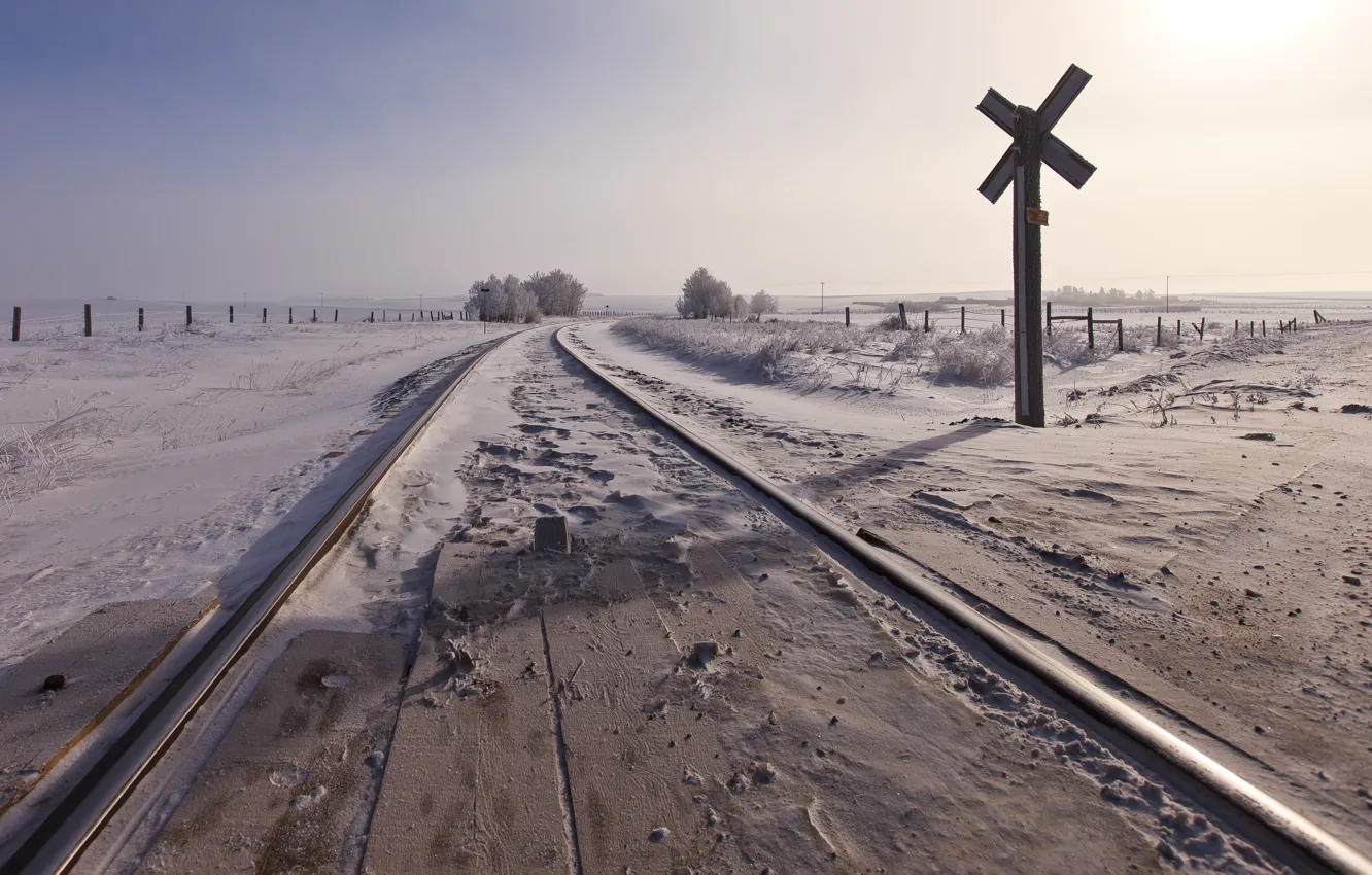 Photo wallpaper winter, road, snow, railroad