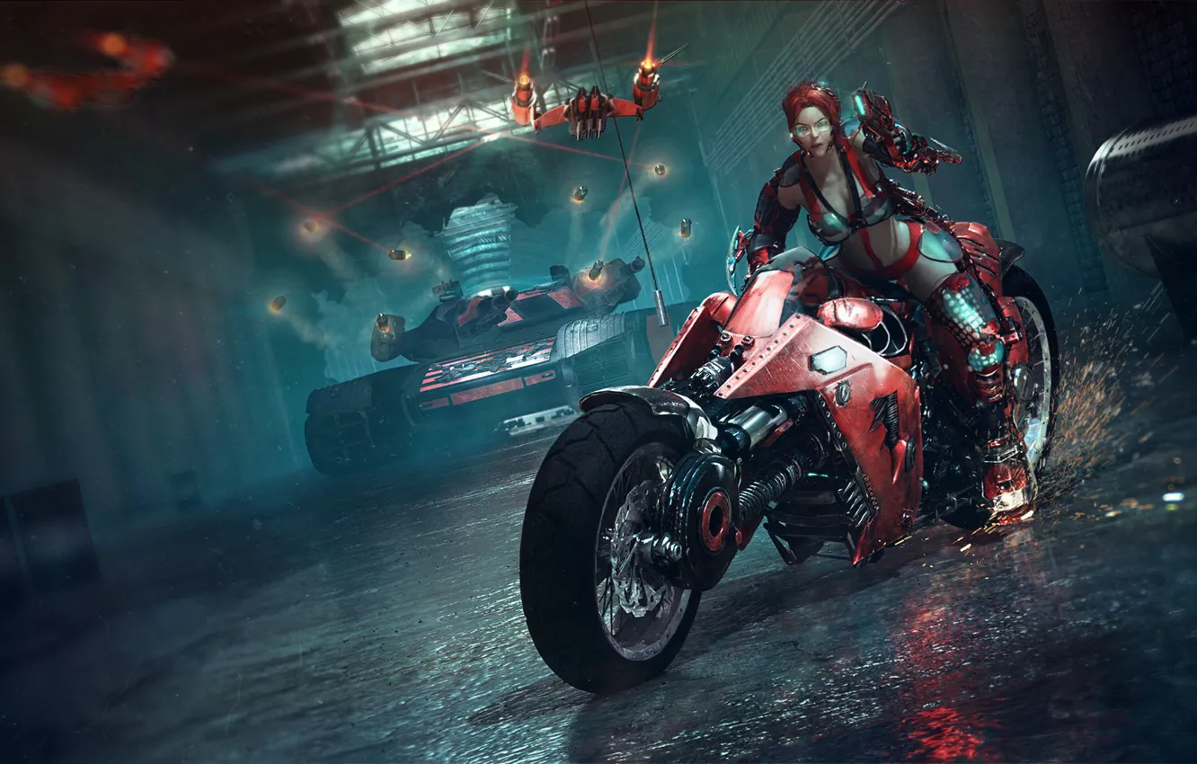 Photo wallpaper girl, weapons, red, art, glasses, sparks, motorcycle, tank