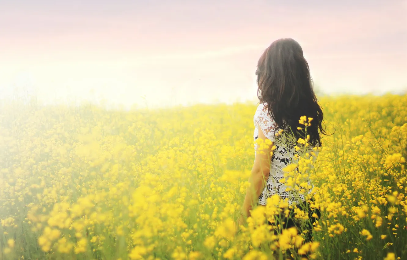 Photo wallpaper grass, girl, flowers, yellow