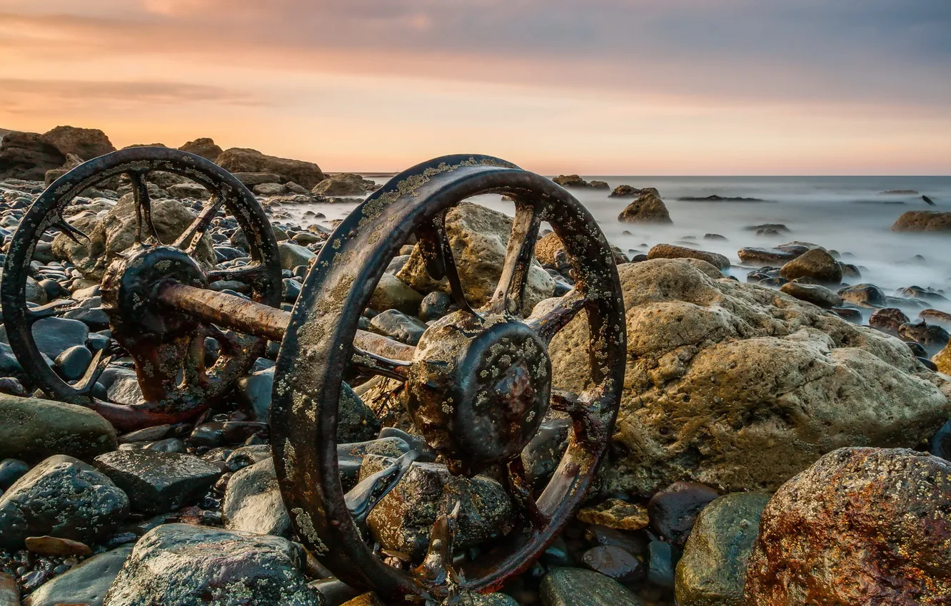 Photo wallpaper sea, landscape, stones, wheel