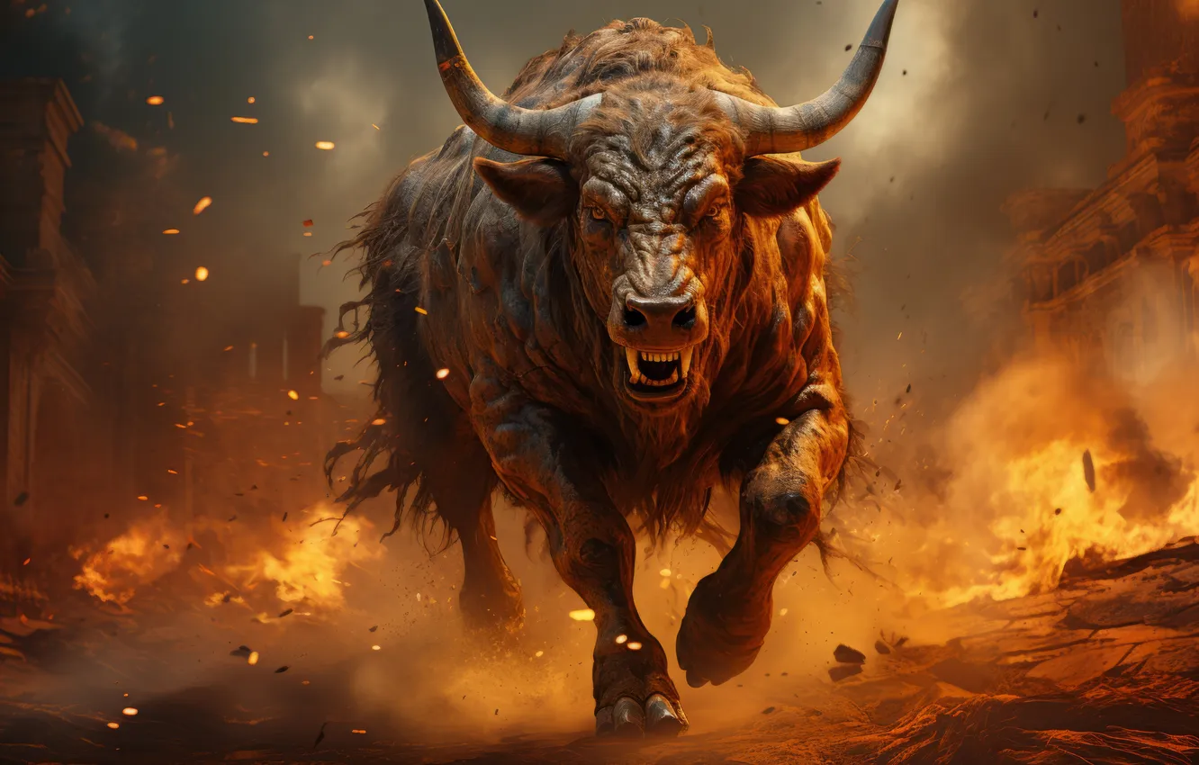 Photo wallpaper lights, smoke, grin, horns, front, bull, digital art, AI art