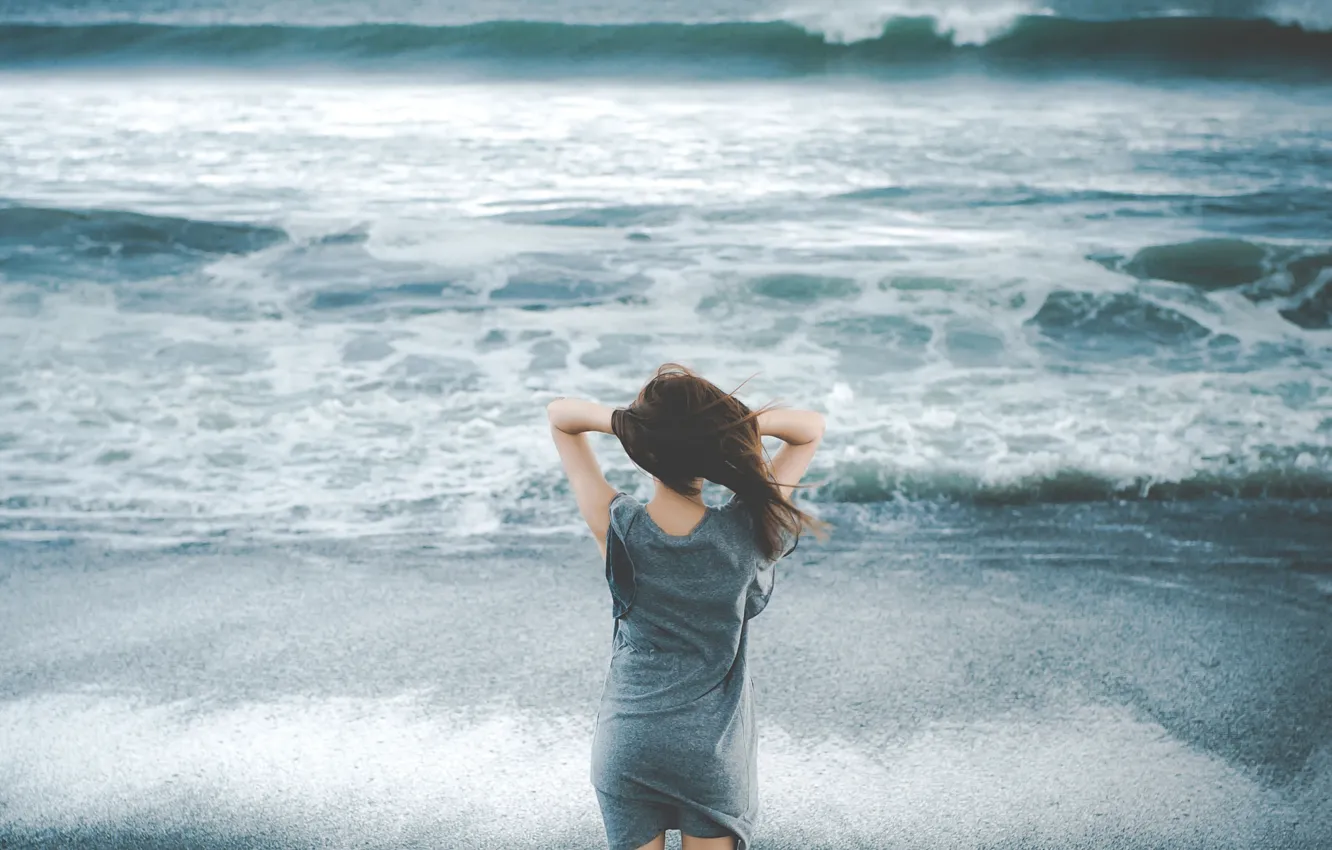 Photo wallpaper girl, the wind, shore, surf