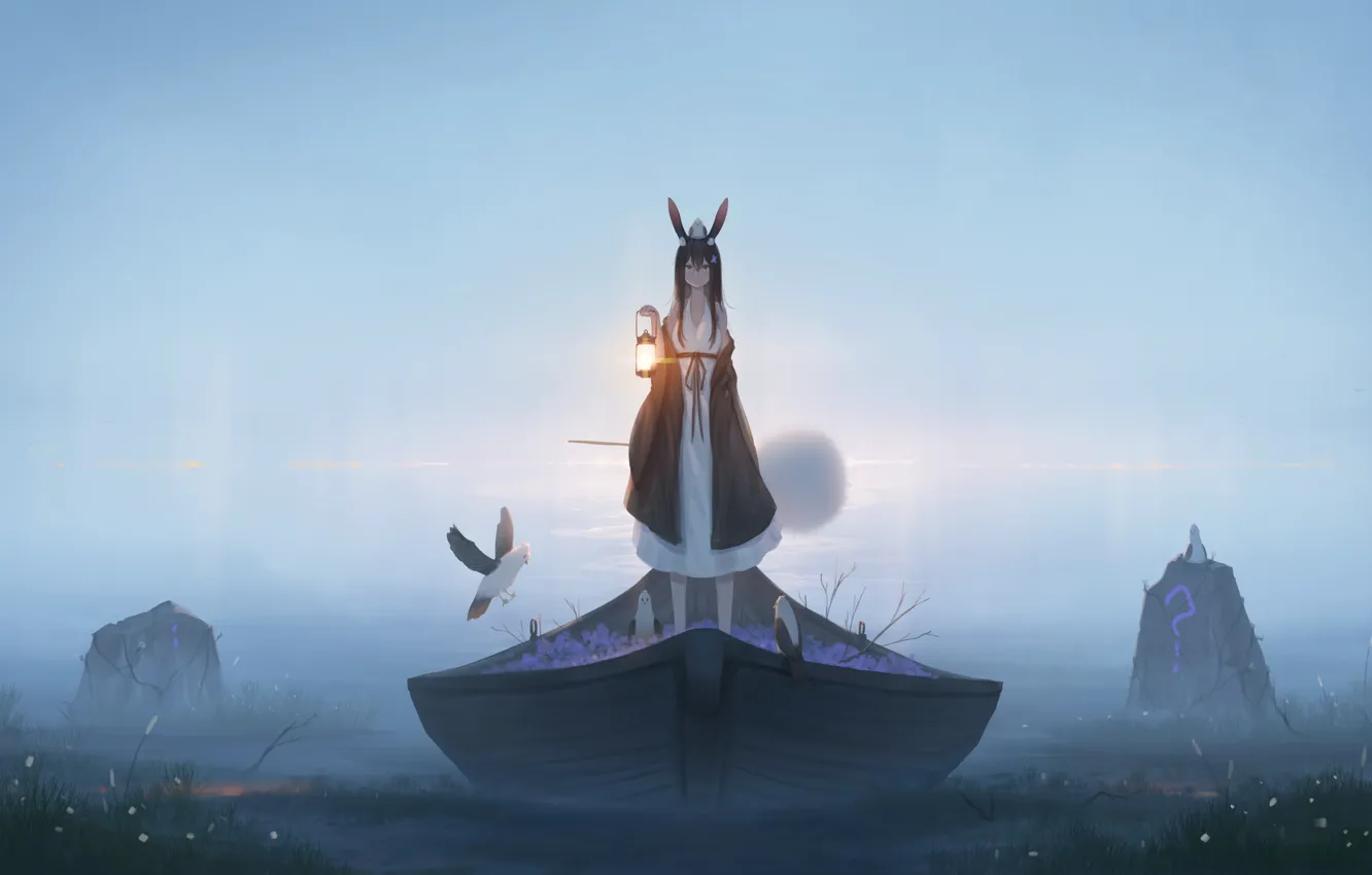 Photo wallpaper girl, birds, fog, boat, lantern