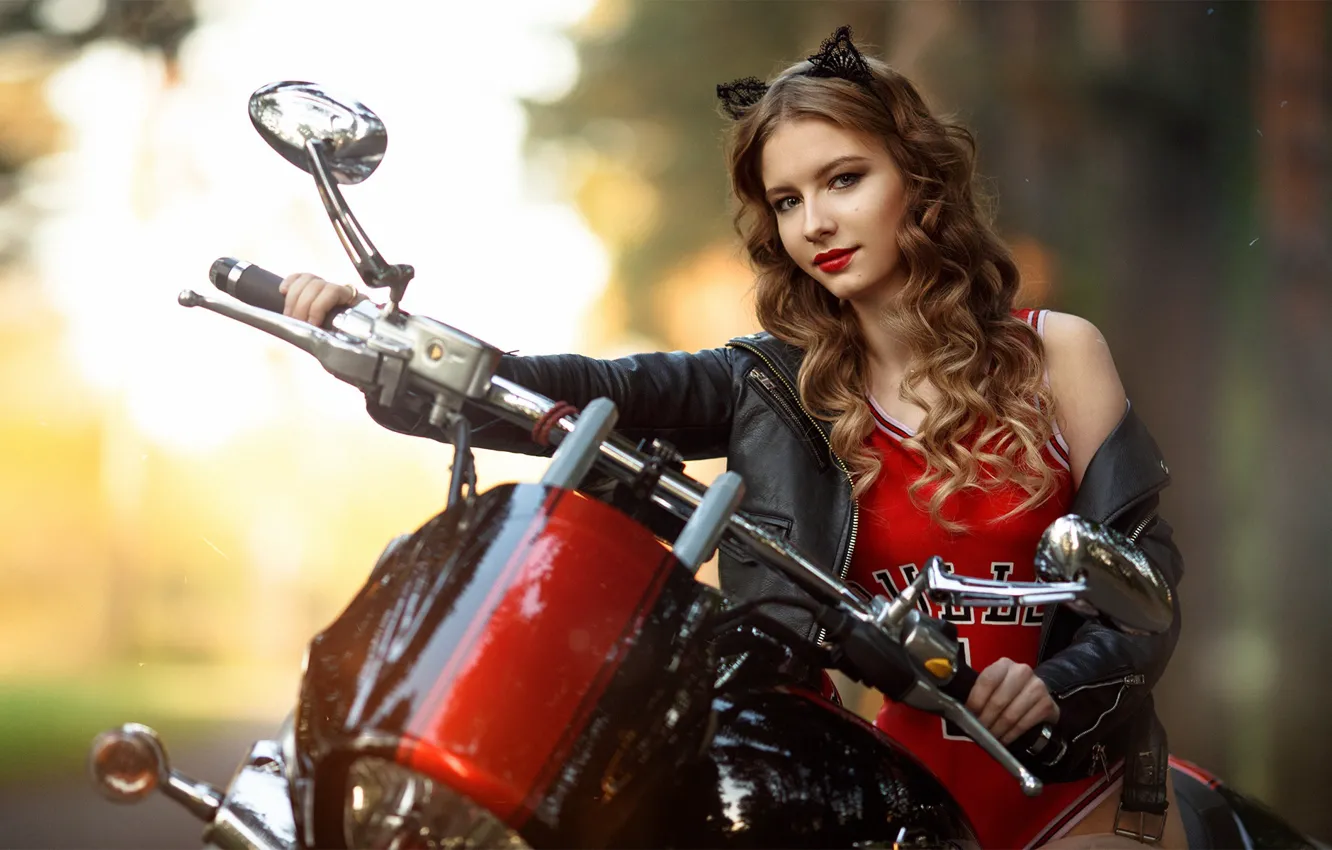 Photo wallpaper girl, motorcycle, brown hair