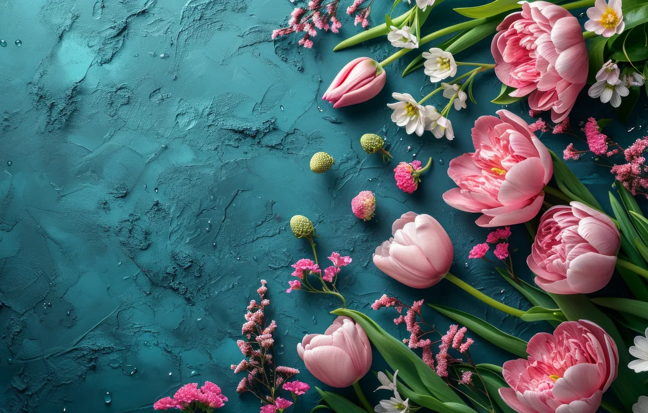 Photo wallpaper flowers, holiday, bouquet, spring, tulips, AI art, universal holiday background, neural network