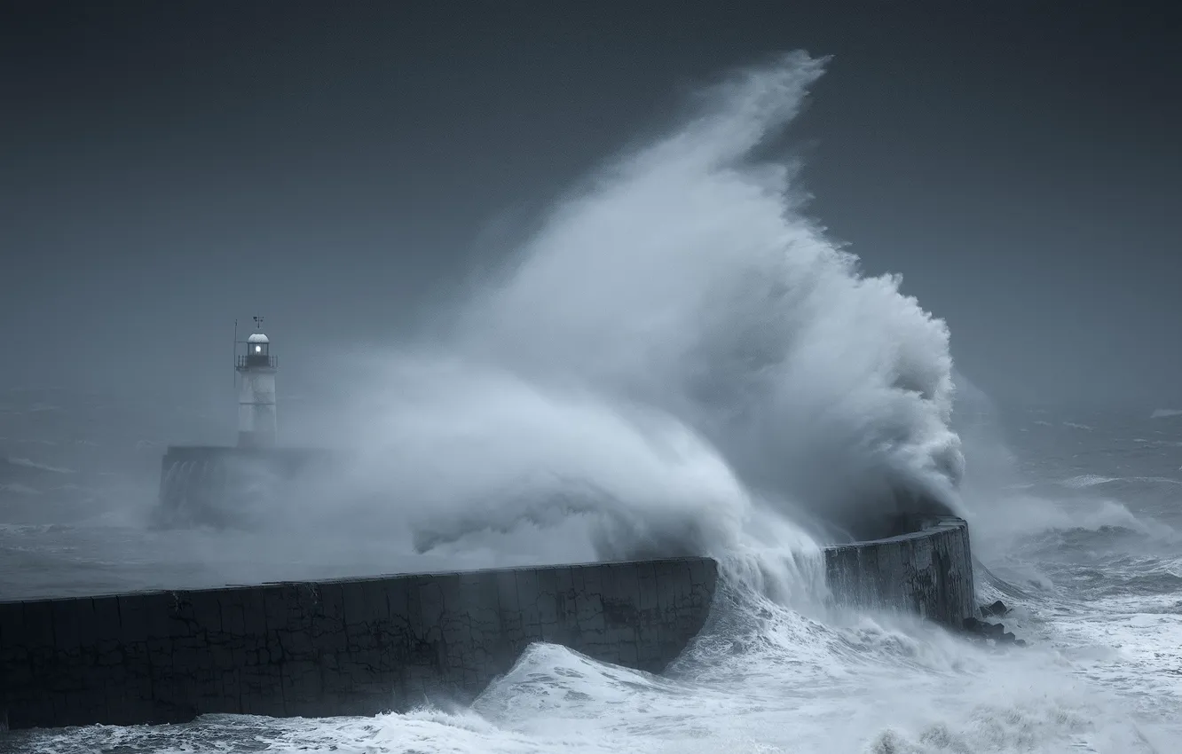 Photo wallpaper sea, wave, storm, element, lighthouse