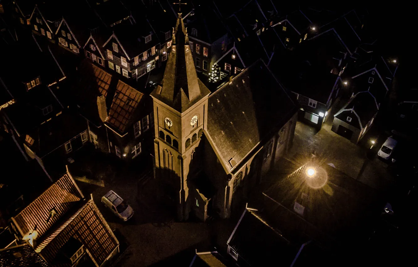 Photo wallpaper night, lights, home, Church, Netherlands, Marken