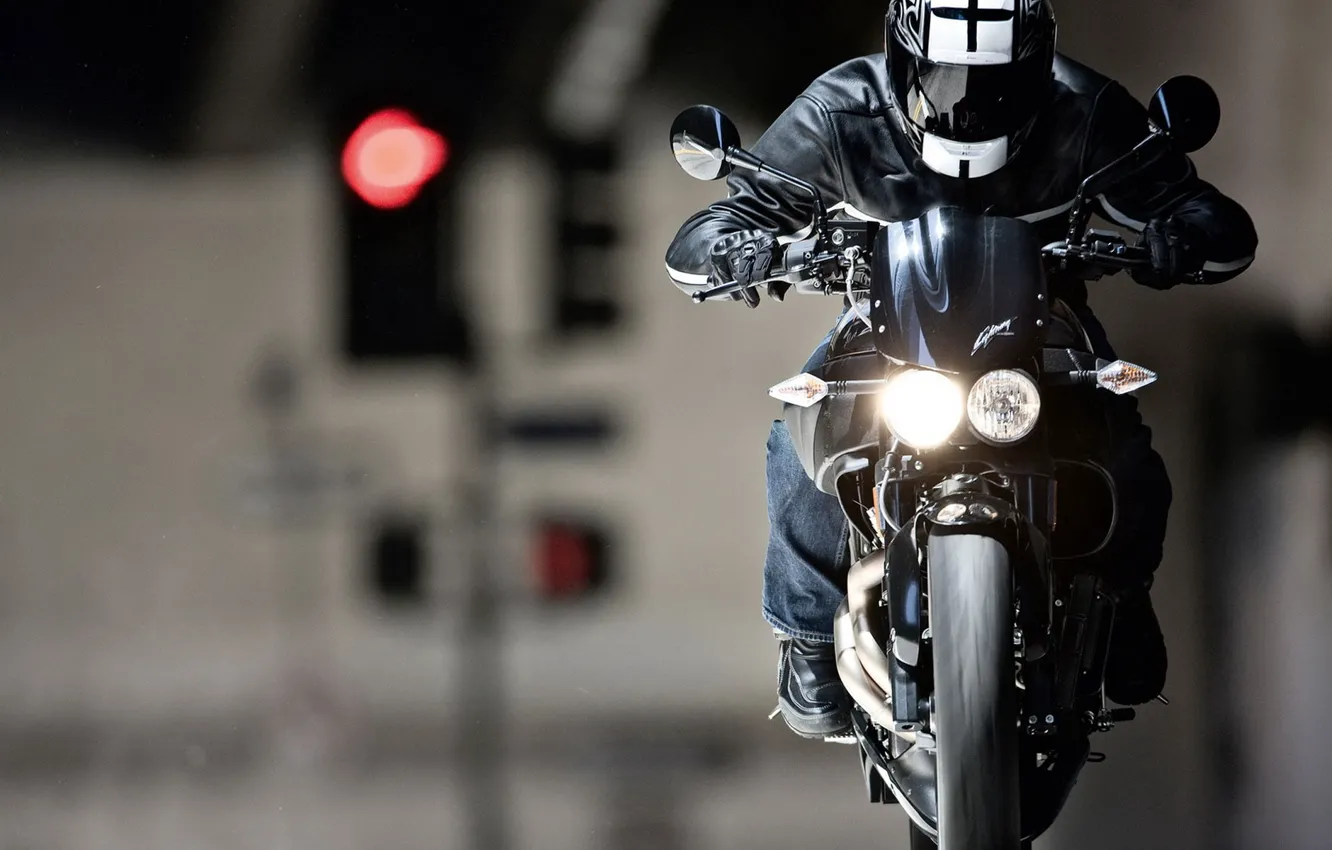 Photo wallpaper focus, headlight, motorcycle, helmet
