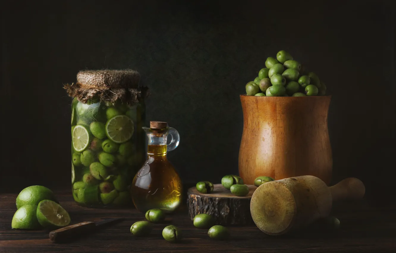 Photo wallpaper green, the dark background, table, Board, oil, fruit, slide, knife