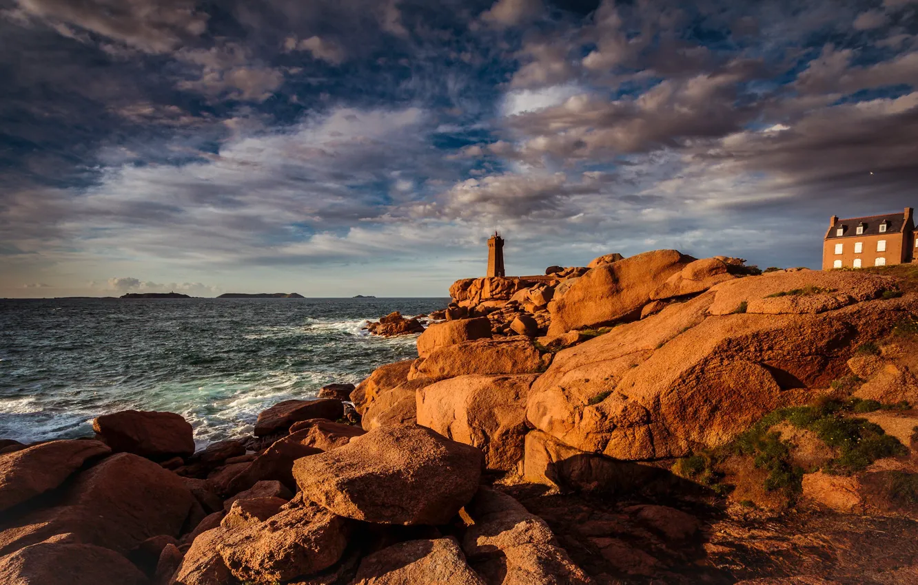 Photo wallpaper the sky, stones, the ocean, coast, France, lighthouse, home, France