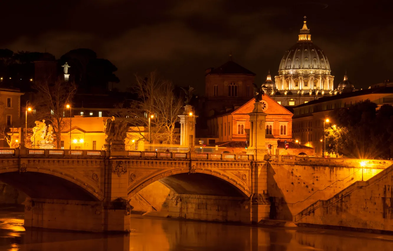 Photo wallpaper light, night, the city, river, lighting, Rome, lights, Italy