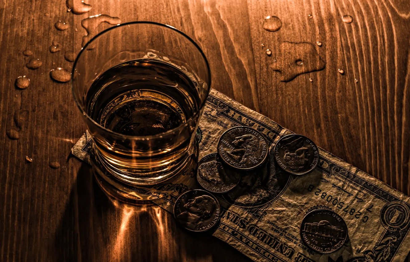 Photo wallpaper dollar, alcohol, stack, coins, booze