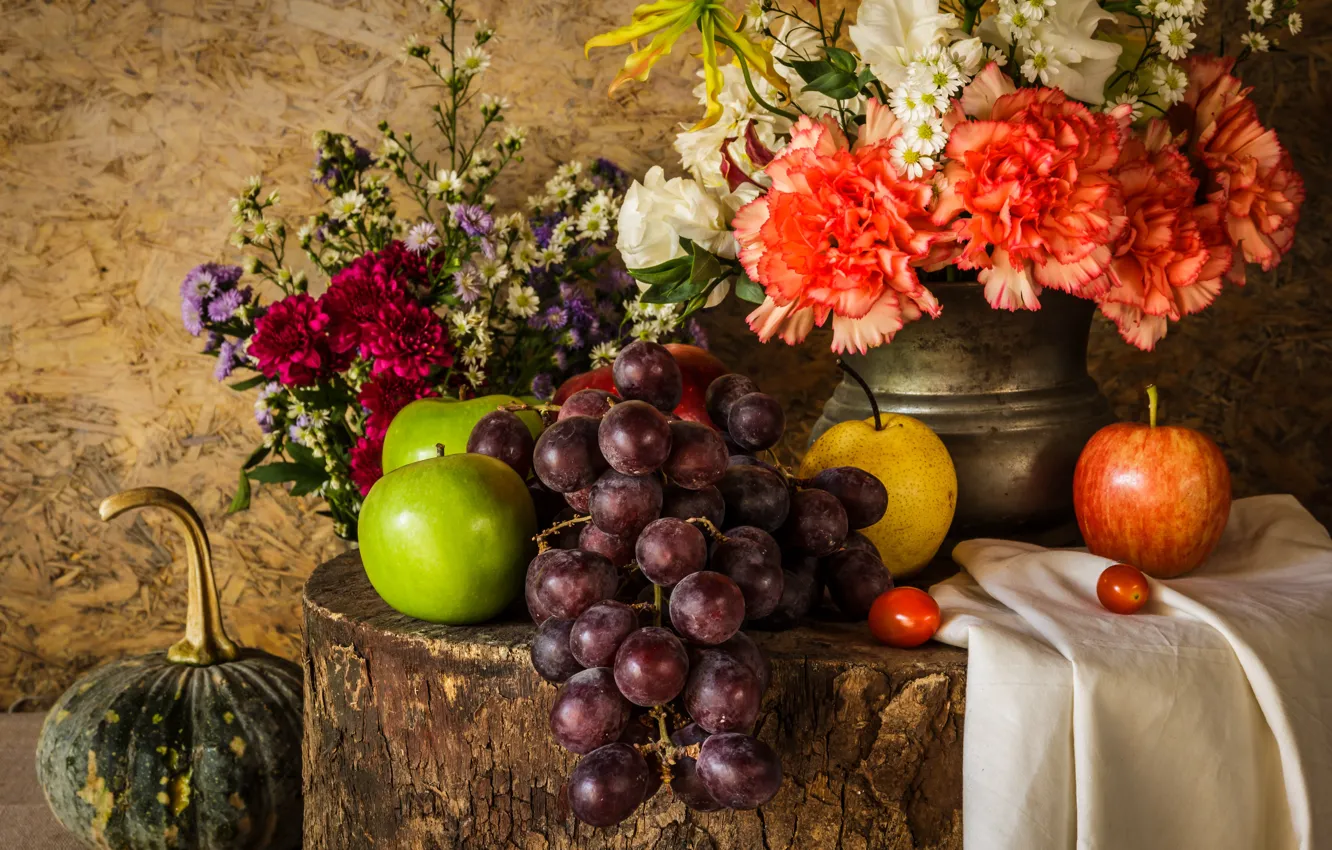 Photo wallpaper flowers, apples, bouquet, grapes, pumpkin, fruit, still life, vegetables