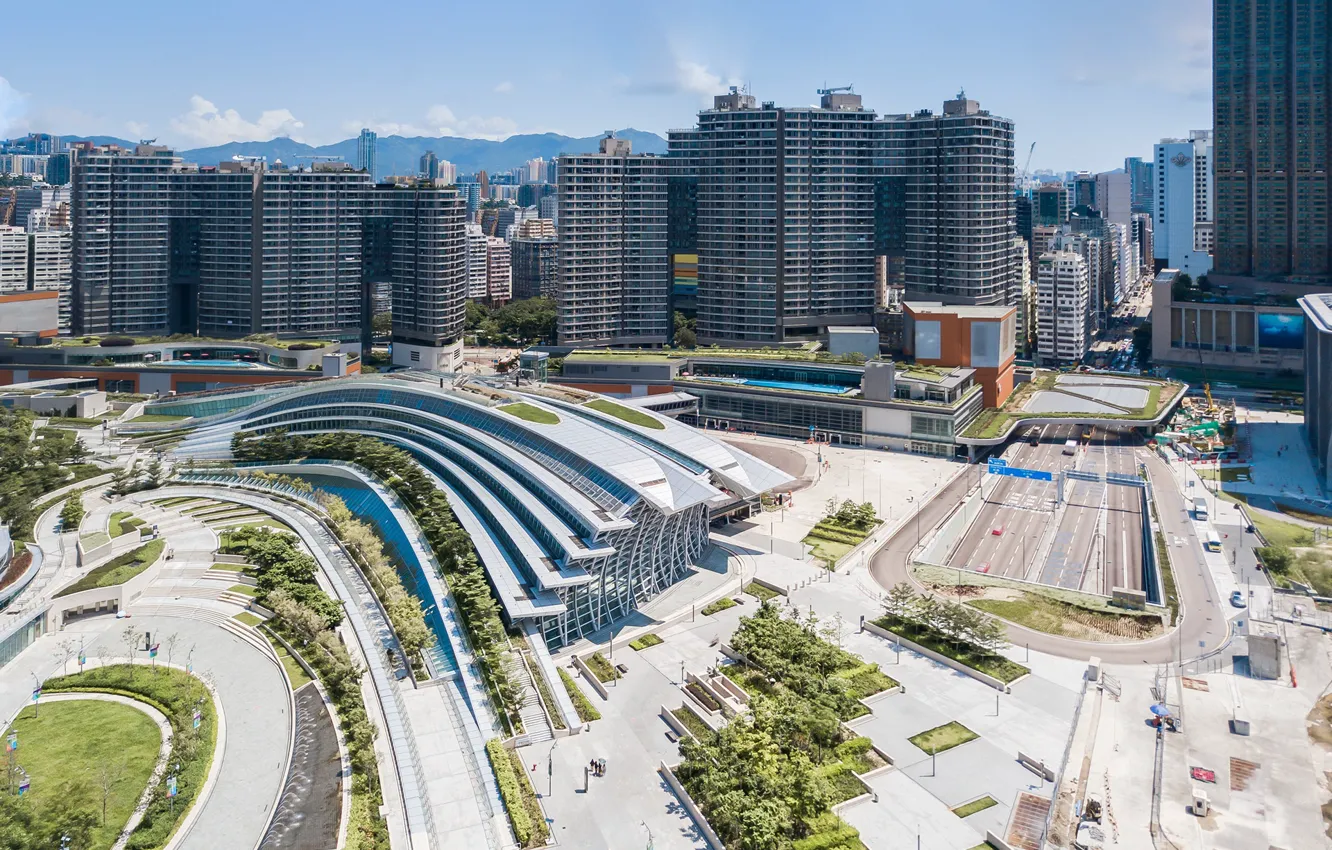 Photo wallpaper road, building, construction, architecture, West Kowloon HSR Station - Hong Kong