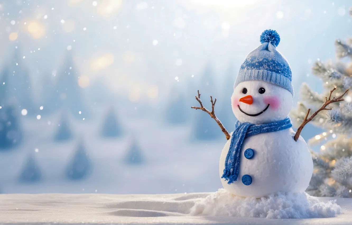 Photo wallpaper winter, snow, new year, Christmas, snowman, Christmas, winter, snow