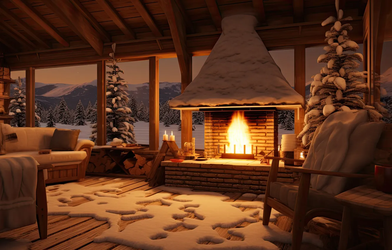Photo wallpaper winter, snow, lights, comfort, room, sofa, the evening, candles