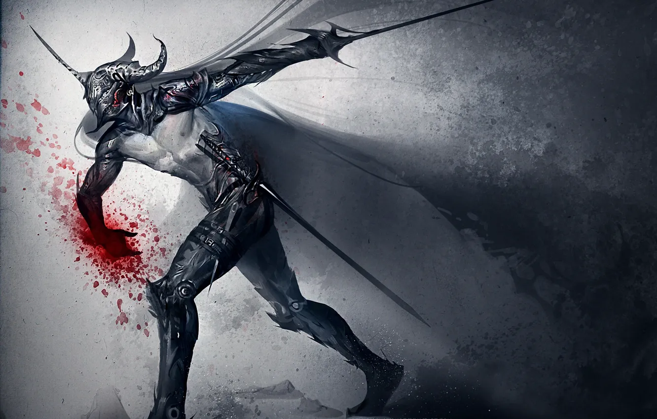 Photo wallpaper weapons, blood, sword, art, helmet, sakimichan, Dark Knight