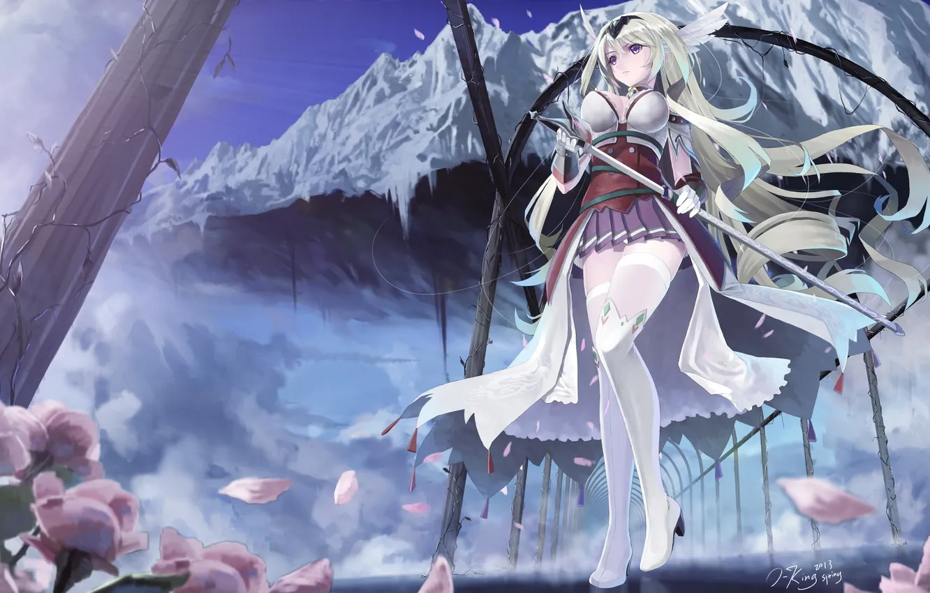 Photo wallpaper girl, flowers, mountains, fantasy, petals, art, arch, columns