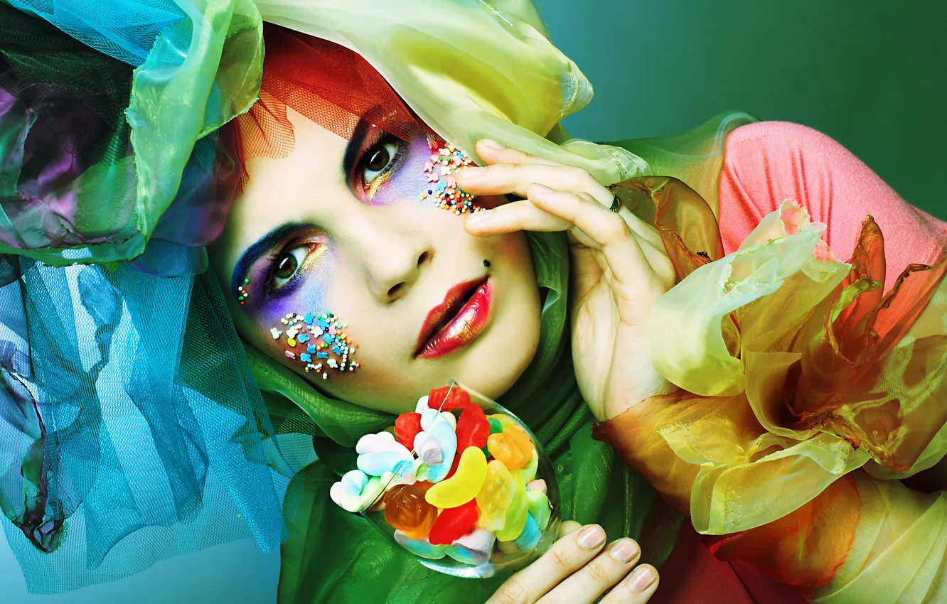 Photo wallpaper look, girl, makeup, candy, sweets