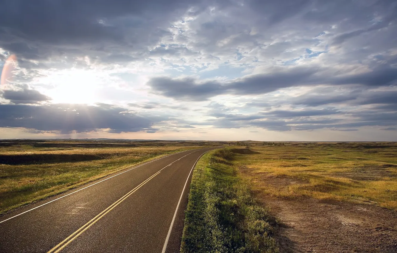 Photo wallpaper road, the sky, the sun, markup, plain, horizon, curves