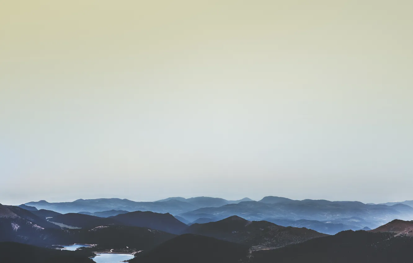 Photo wallpaper mountains, lake, hills, horizon