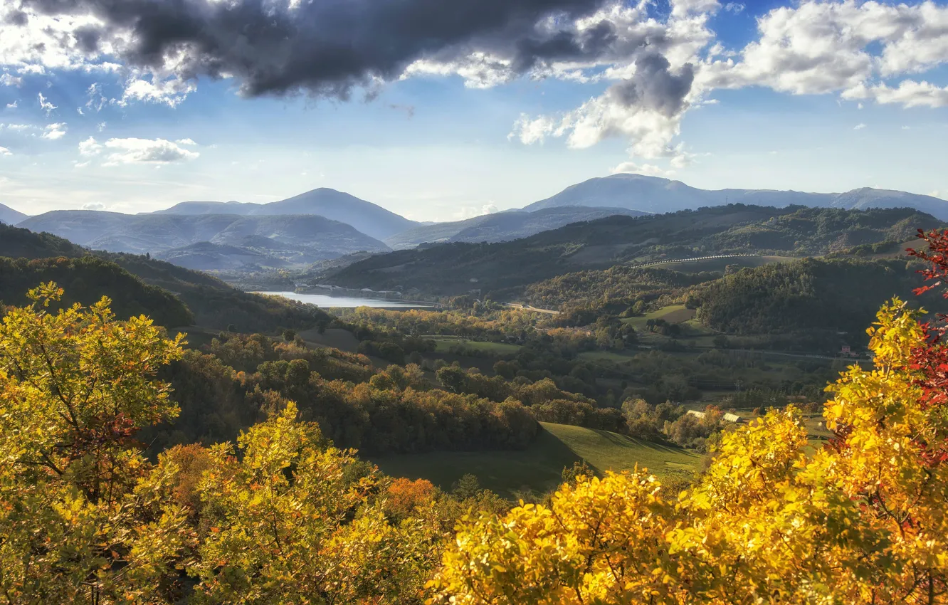 Photo wallpaper autumn, trees, mountains, lake, Italy, panorama, Italy, The Apennines