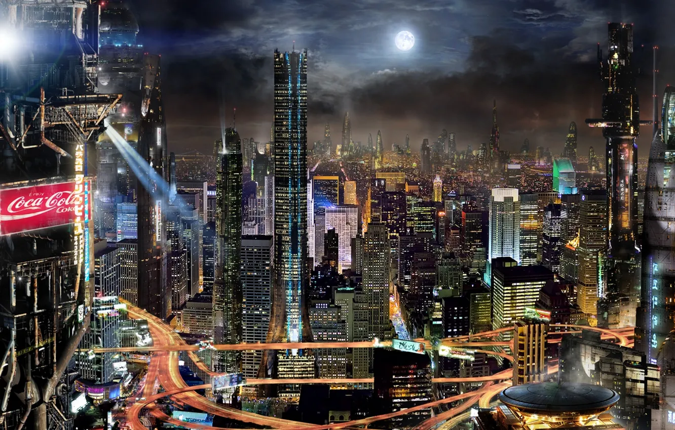 Photo wallpaper clouds, night, the city, future, fiction, building, The moon, advertising