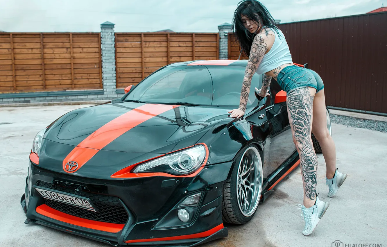 Photo wallpaper machine, auto, girl, pose, feet, shorts, tattoo, Toyota