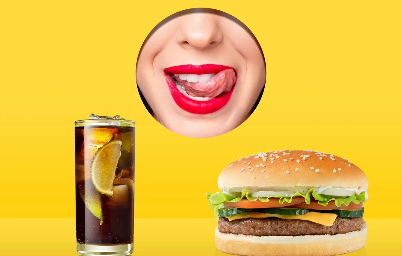 Photo wallpaper woman, lips, cola, drink, hamburger, tongue