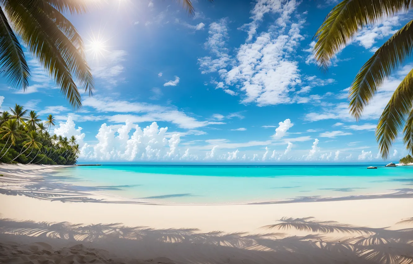 Photo wallpaper sand, sea, beach, summer, the sun, clouds, tropics, blue
