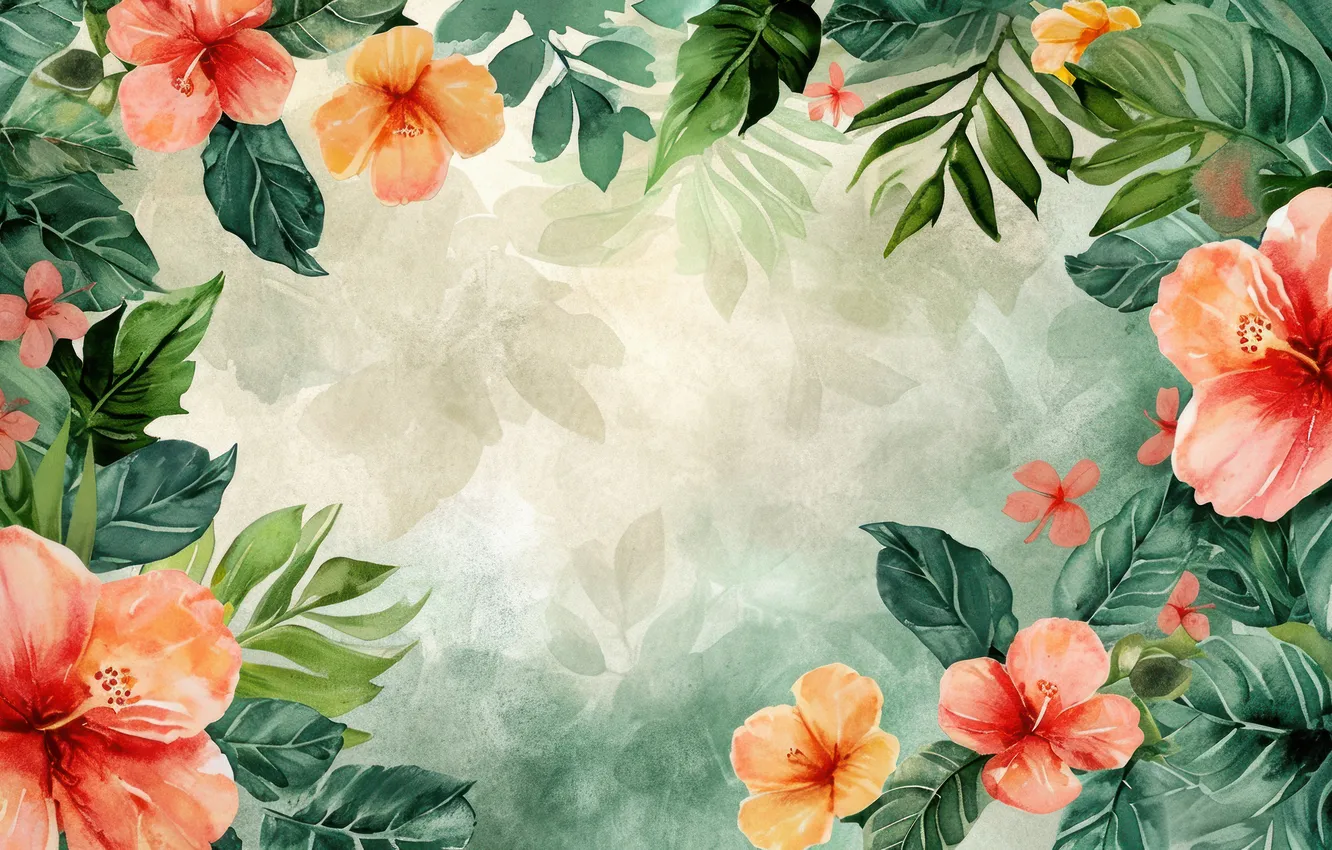 Photo wallpaper leaves, flowers, red, frame, watercolor, composition, imitation, imitation painting