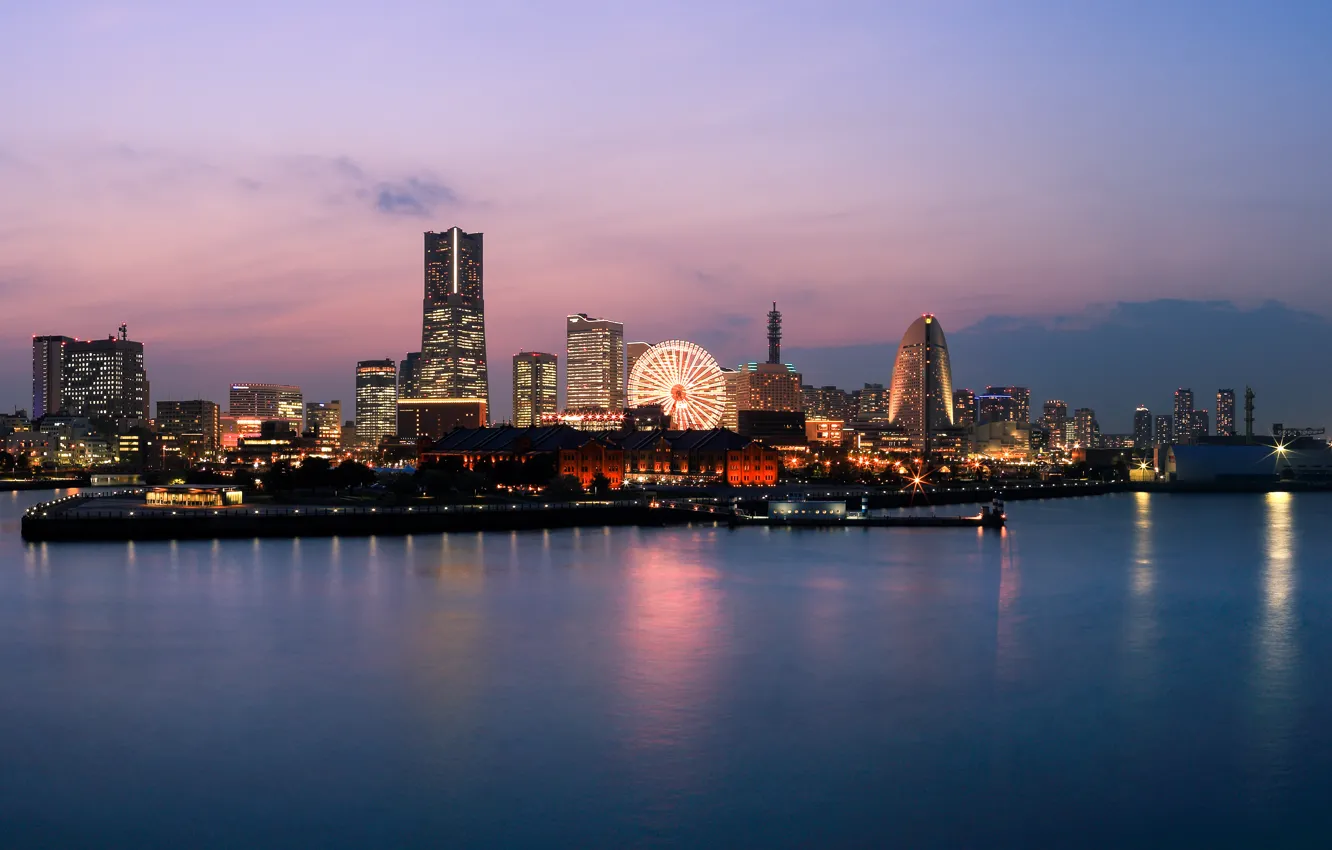 Photo wallpaper Japan, panorama, evening, buildings, Ferris Wheel, Yokohama, Kanagawa Prefecture, Yokohama-rollers