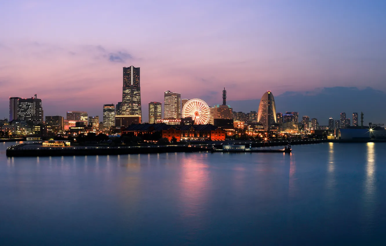 Photo wallpaper Japan, panorama, Evening, buildings, Yokohama, Kanagawa Prefecture, Yokohama-rollers, ferris wheel