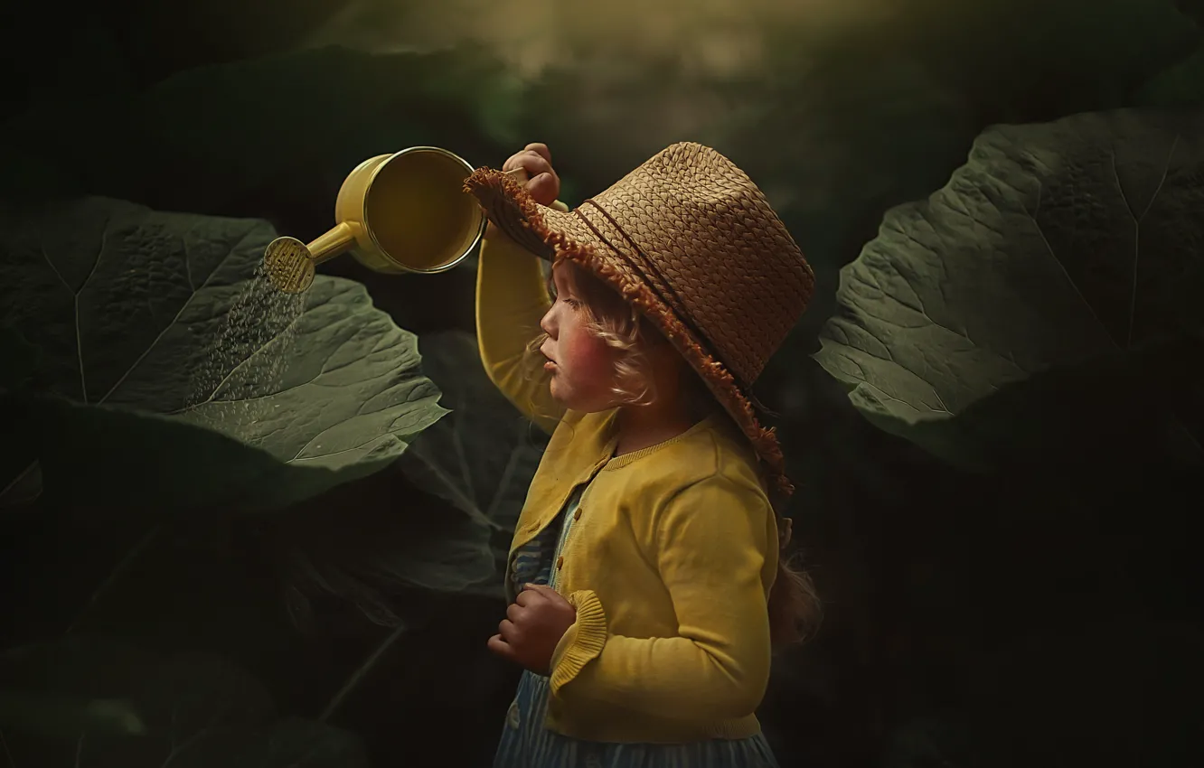 Photo wallpaper leaves, nature, girl, lake, hat, baby, photoart, Ksenia Lysenkova