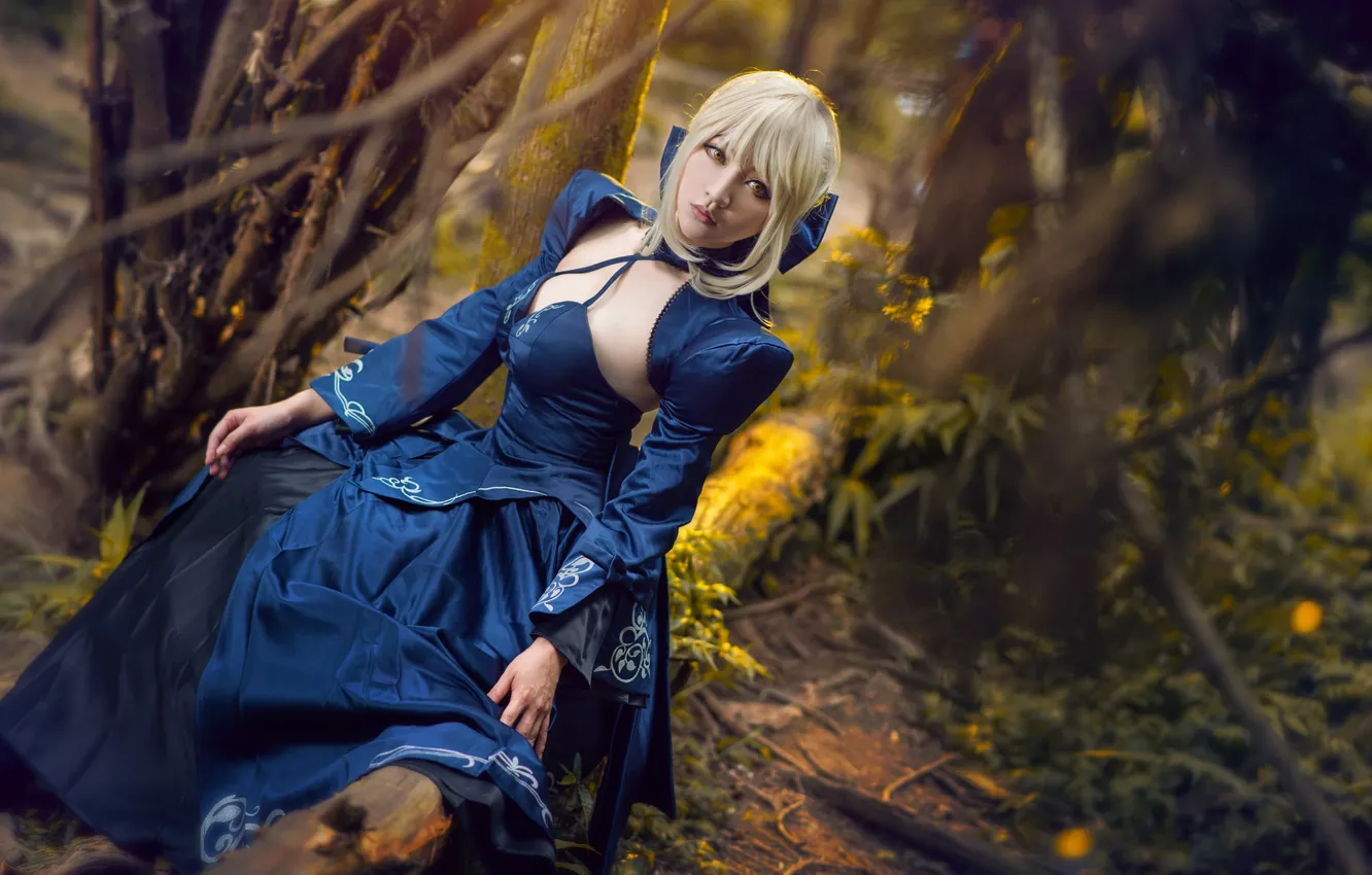 Photo wallpaper forest, look, girl, trees, branches, blue, style, portrait