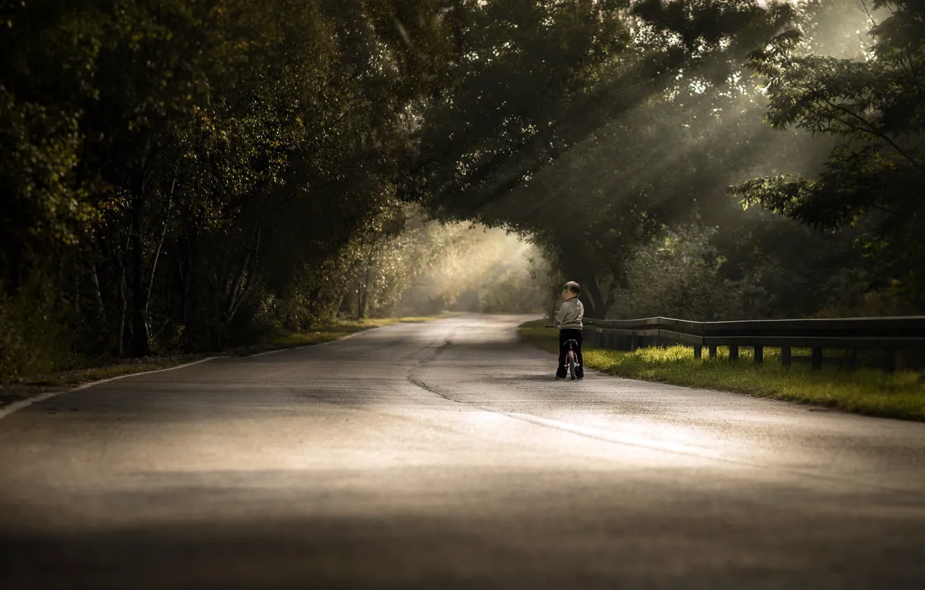 Photo wallpaper road, bike, boy