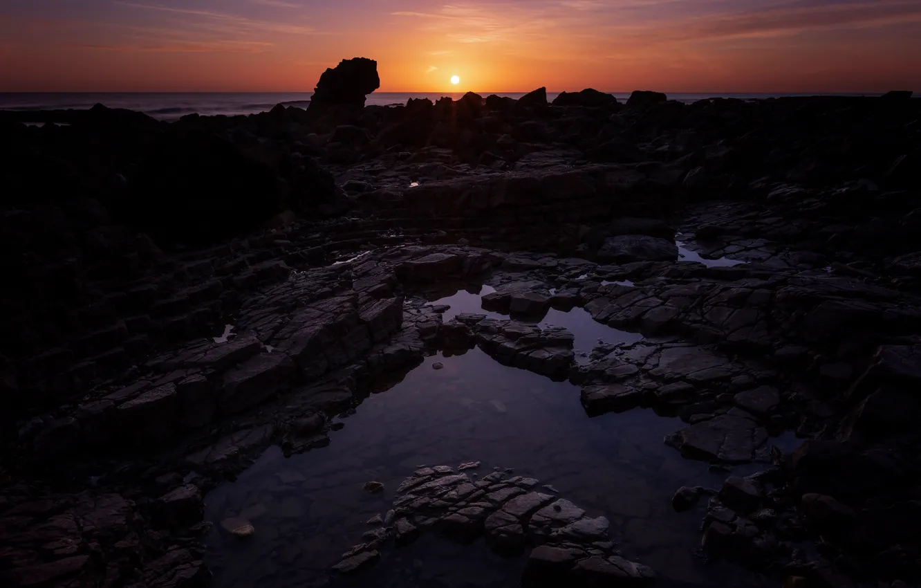 Photo wallpaper sea, the sky, water, the sun, sunset, night, darkness, stones