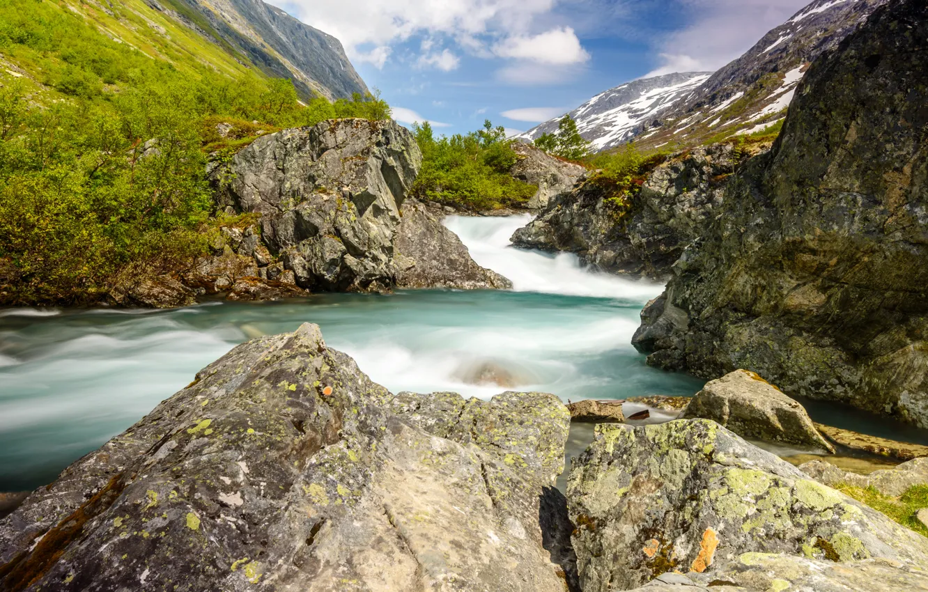 Photo wallpaper mountains, stream, stones, for, Norway, gorge, the bushes