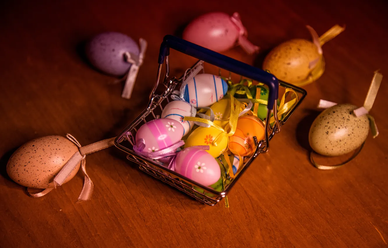 Photo wallpaper eggs, Easter, basket, ribbons, eggs