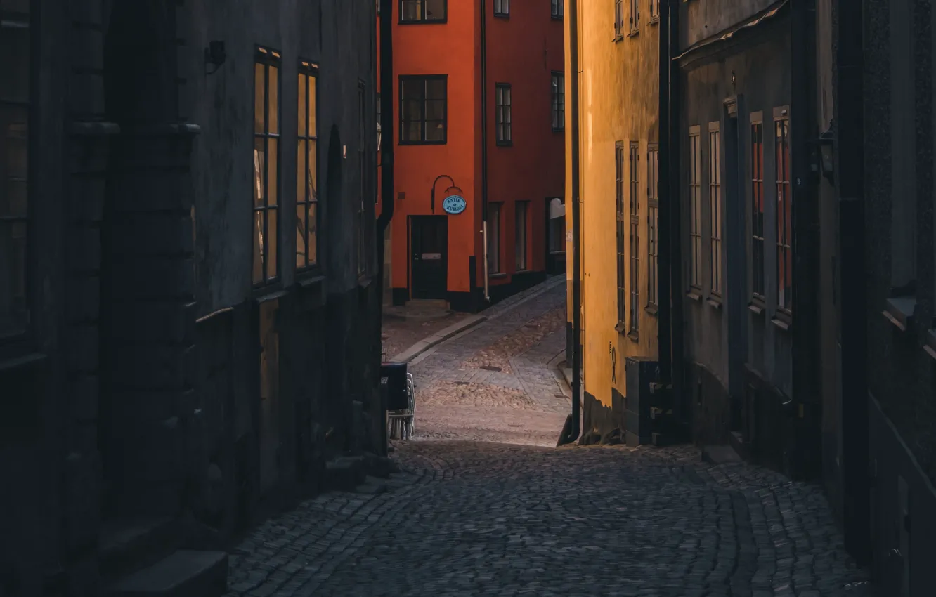 Photo wallpaper city, wallpaper, street, stockholm, buildings, sweden, cobblestones
