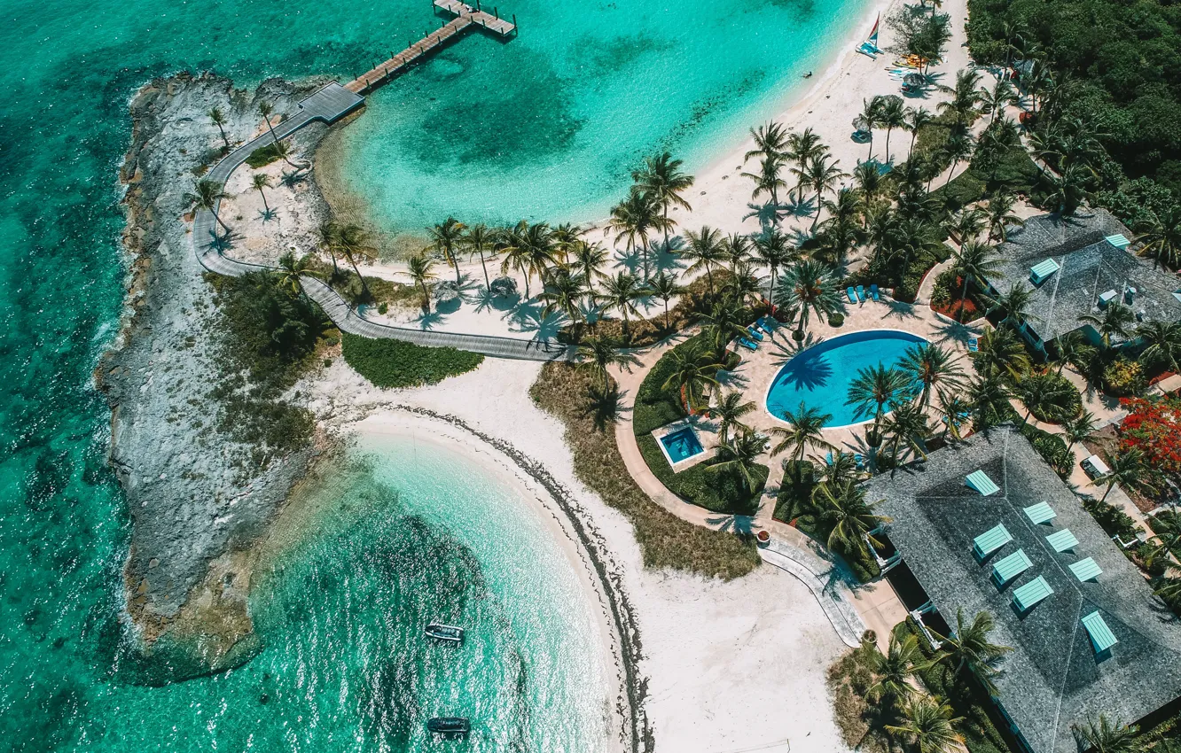 Photo wallpaper beach, tropics, palm trees, the ocean, Villa, island, pool