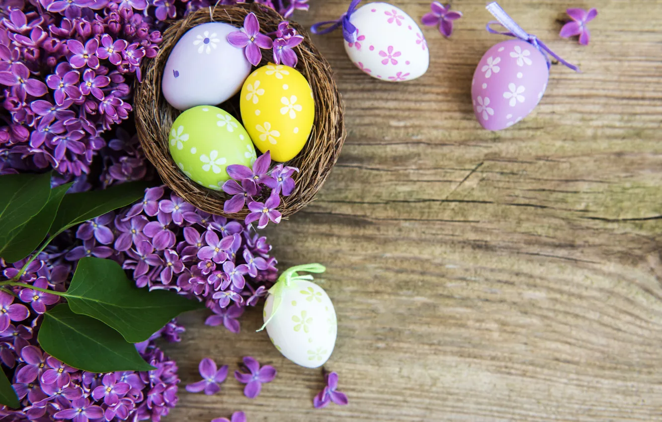 Photo wallpaper flowers, eggs, spring, colorful, Easter, wood, blossom, flowers