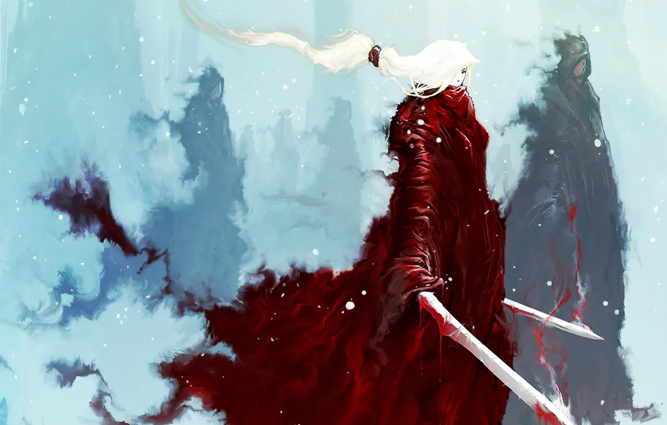 Photo wallpaper winter, forest, girl, snow, blood, smoke, figure, people
