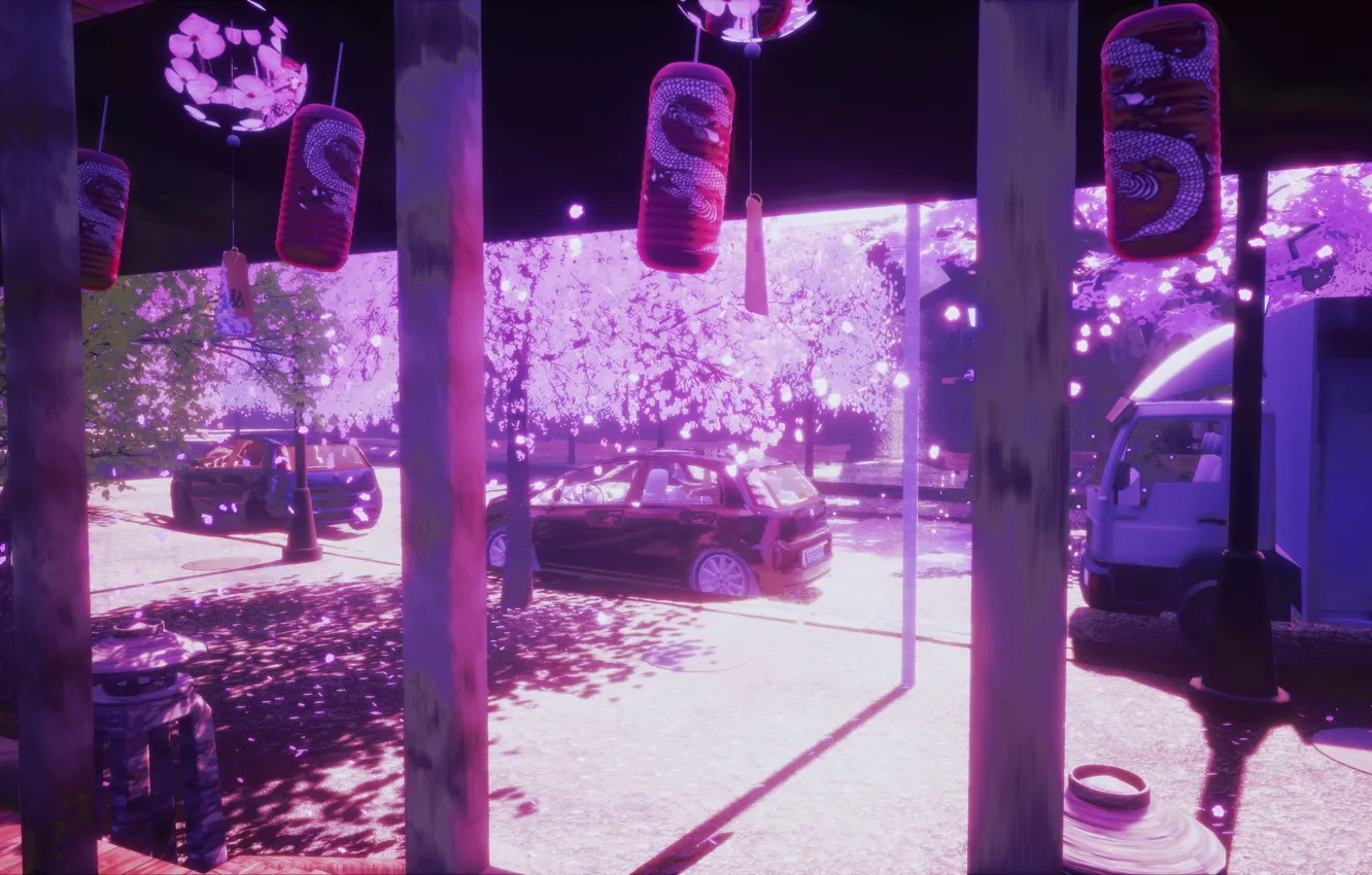 Photo wallpaper auto, spring, Sakura, bells, lanterns