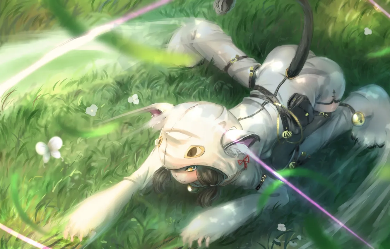 Photo wallpaper grass, girl, flowers, anime, art, costume, tail, ears