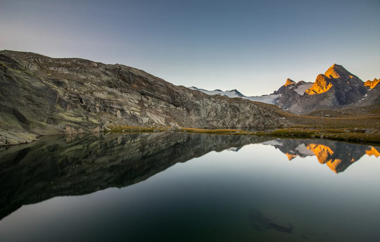 Photo wallpaper mountains, nature, lake, reflection, dawn