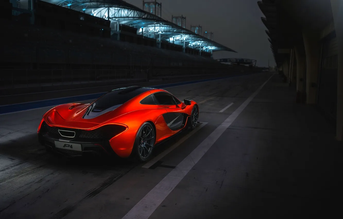 Photo wallpaper auto, night, orange, McLaren, supercar, sports car, tribune