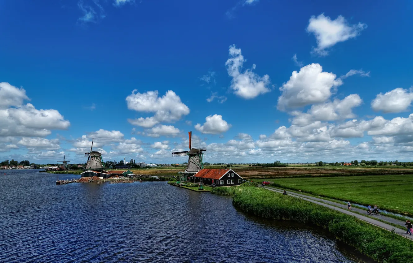 Photo wallpaper road, field, the sky, clouds, channel, Netherlands, windmill
